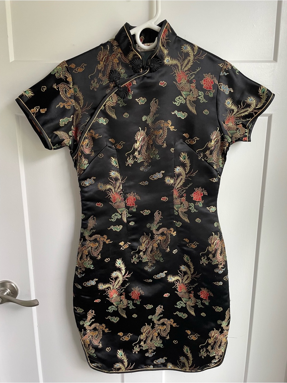 Vintage Black Satin Dragon Print Mini Dress